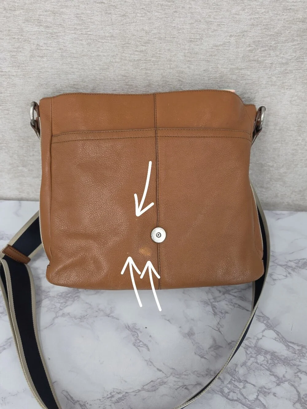 Coach Tan Leather Messenger Bag with Navy Web Strap